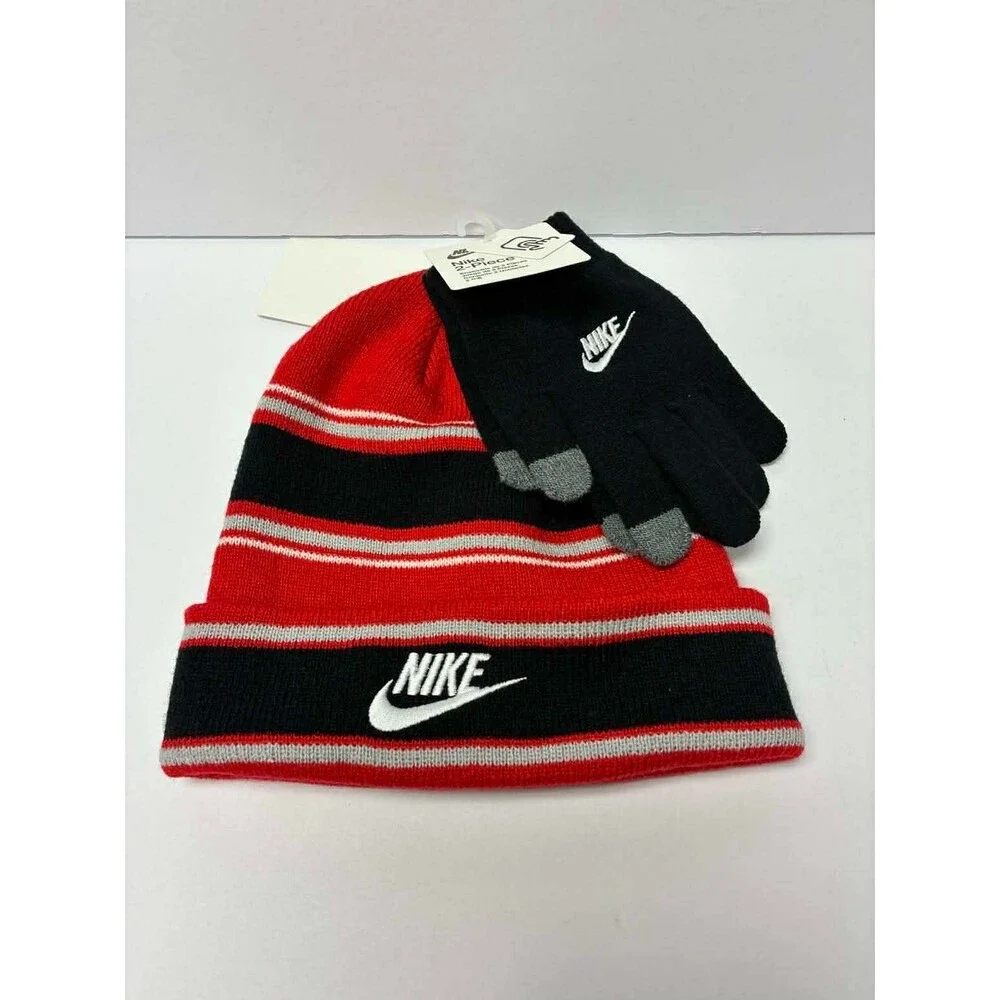 Nike Kids Boys Red Multi‎ Stripe Beanie Hat and Gloves Set - (9A3047-U10) - NWT